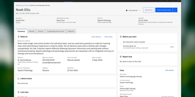 A child’s case in Syntropic Health: referral, scores, notes and reports together