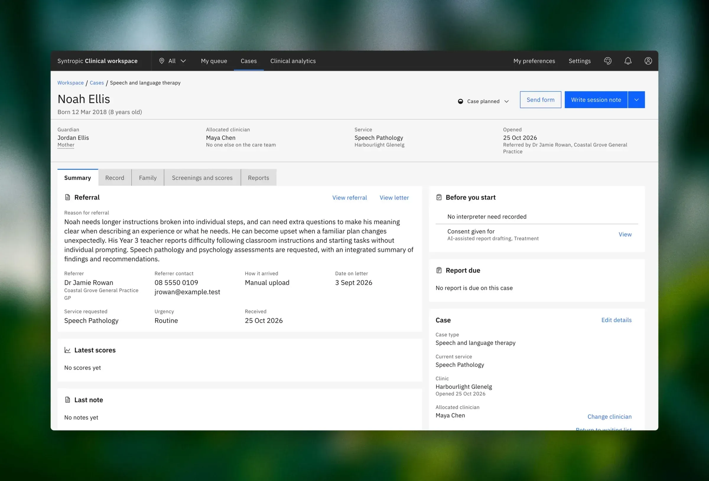 A child’s case in Syntropic Health: referral, scores, notes and reports together
