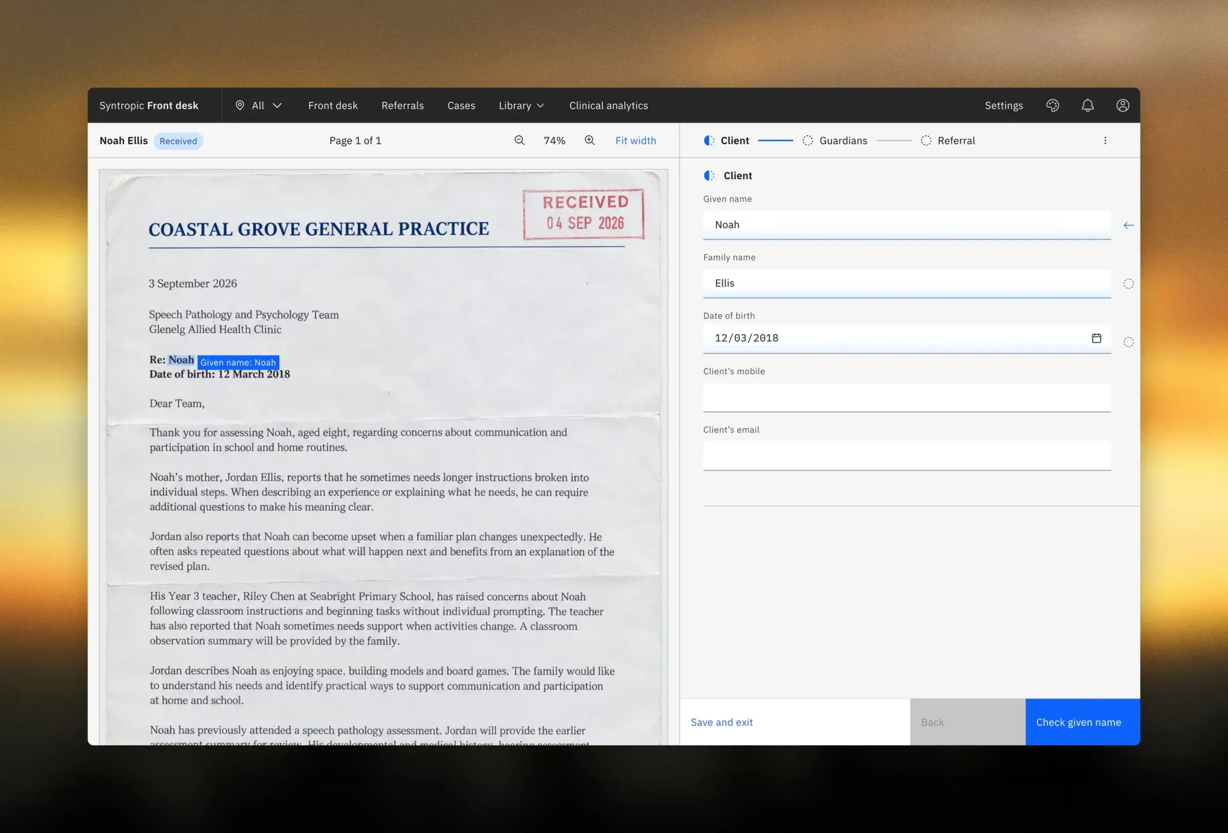 A referral letter read into the case, child details checked