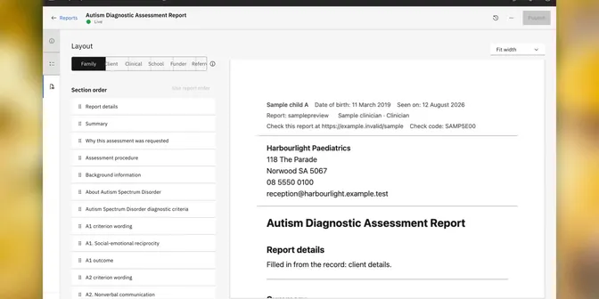 A report layout with the clinic letterhead