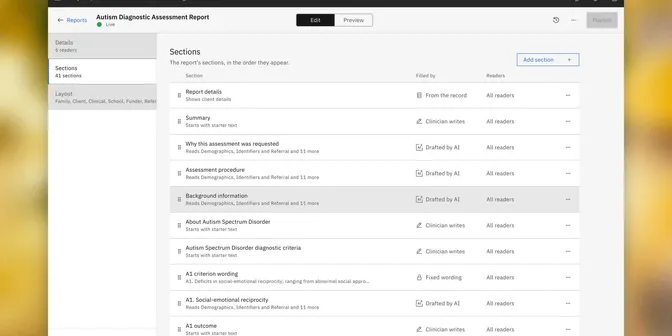 The sections of a report type