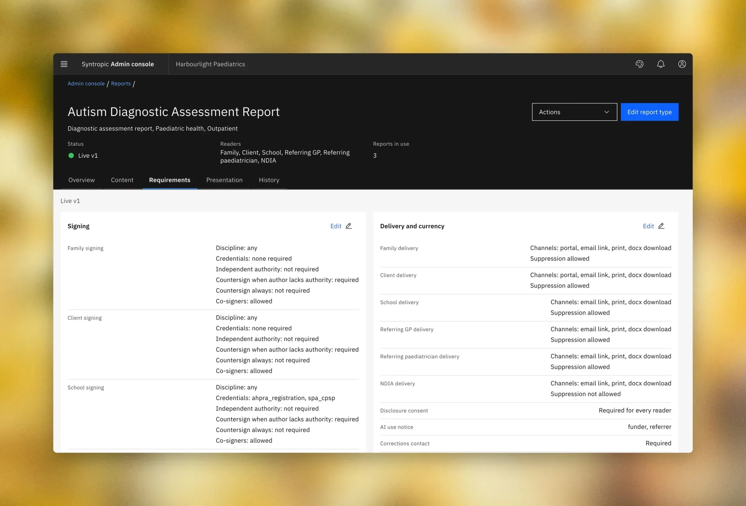 Signing and delivery rules for a report type