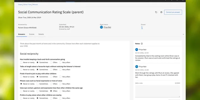 A rating with the clinician’s notes
