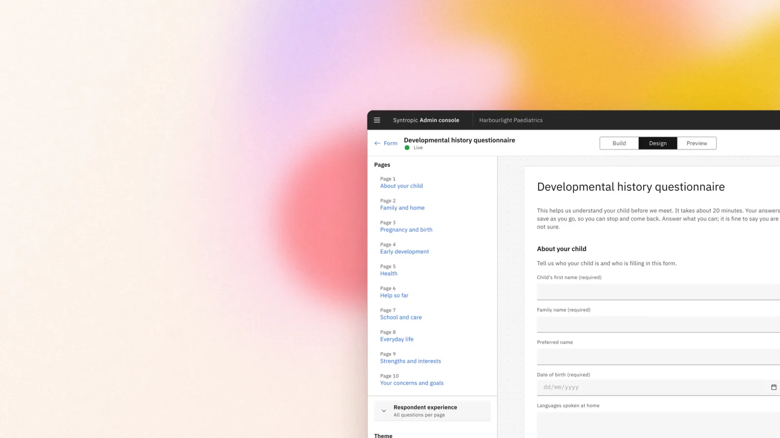 A form in Syntropic Health’s form editor: its pages beside the form as families see it