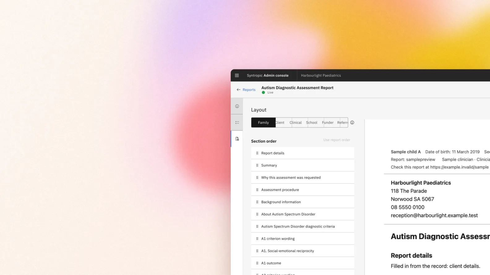 A report type in Syntropic Health: its section order beside a live page preview