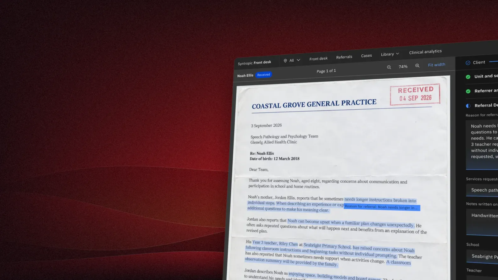 A referral letter in Syntropic Health, read and filed into the case